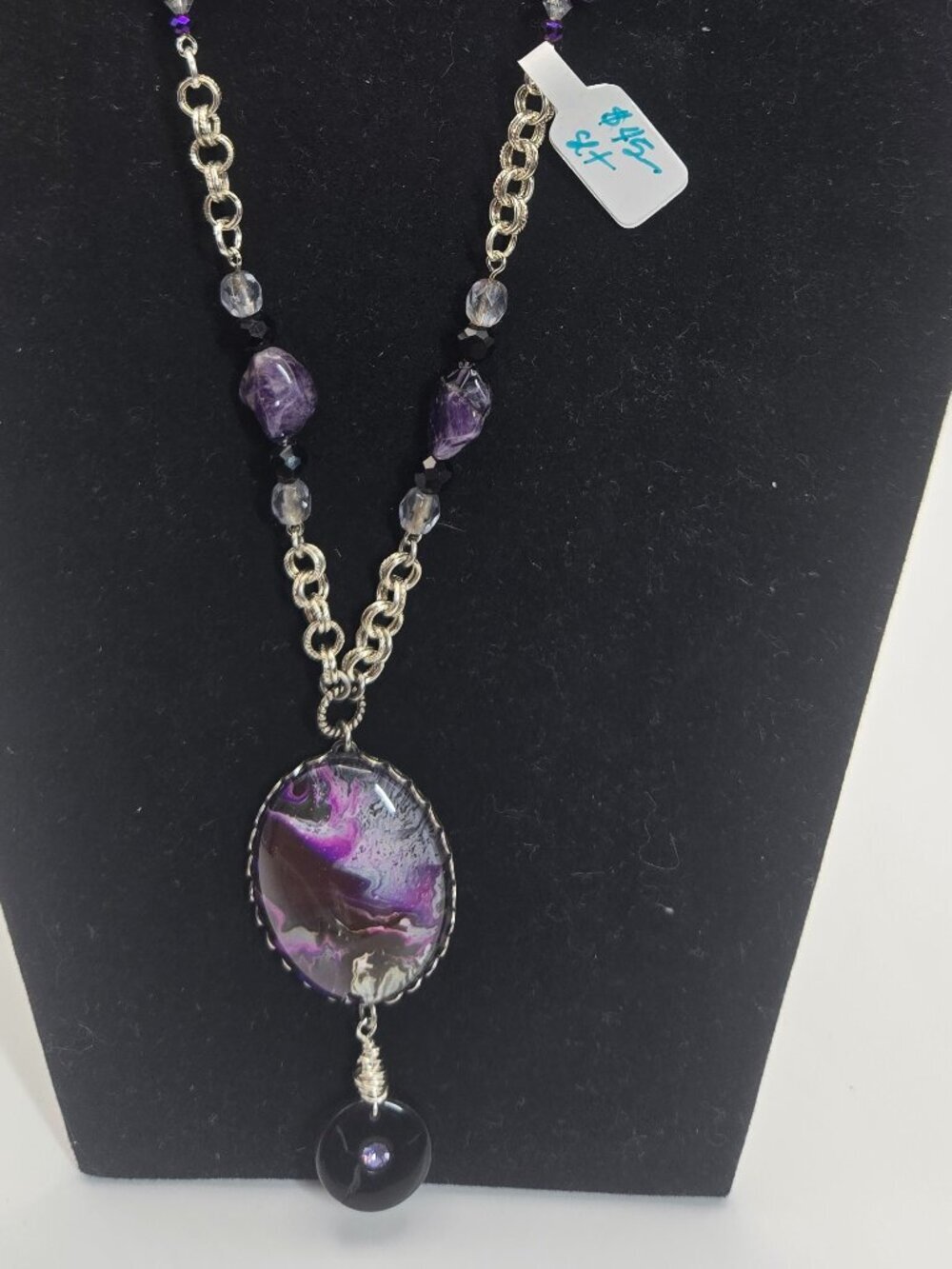 Purple Silver Tone Necklace & Earring Set Rock & Bead Handmade Item 55